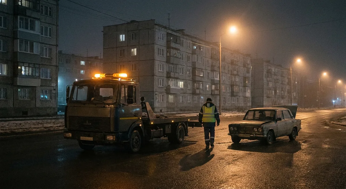 Эвакуатор с маячком приехал к сломавшейся машине ночью
