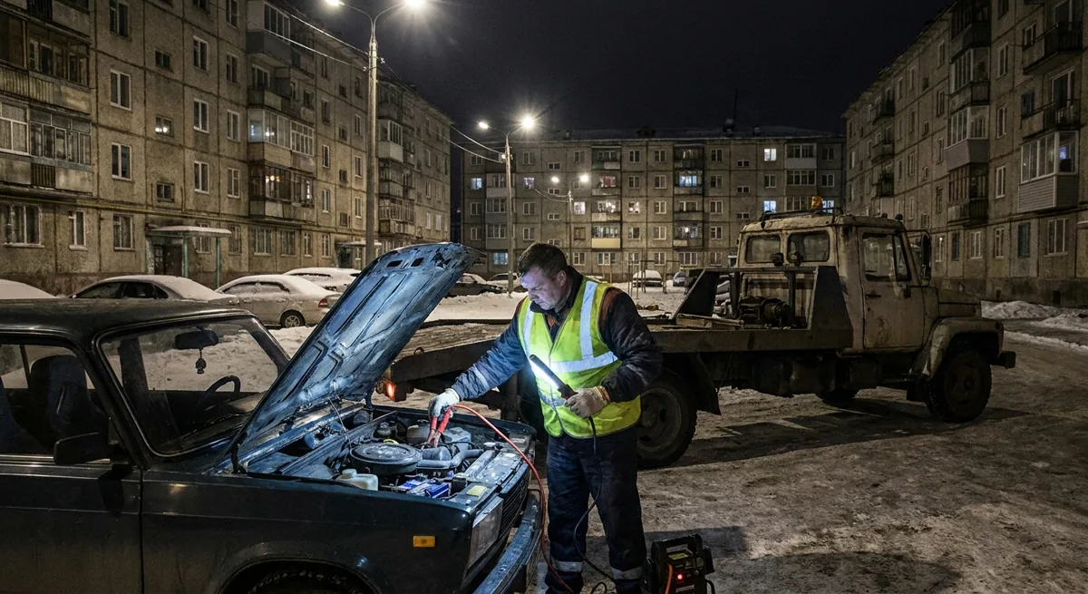Оператор прикуривает аккумулятор ночью во дворе
