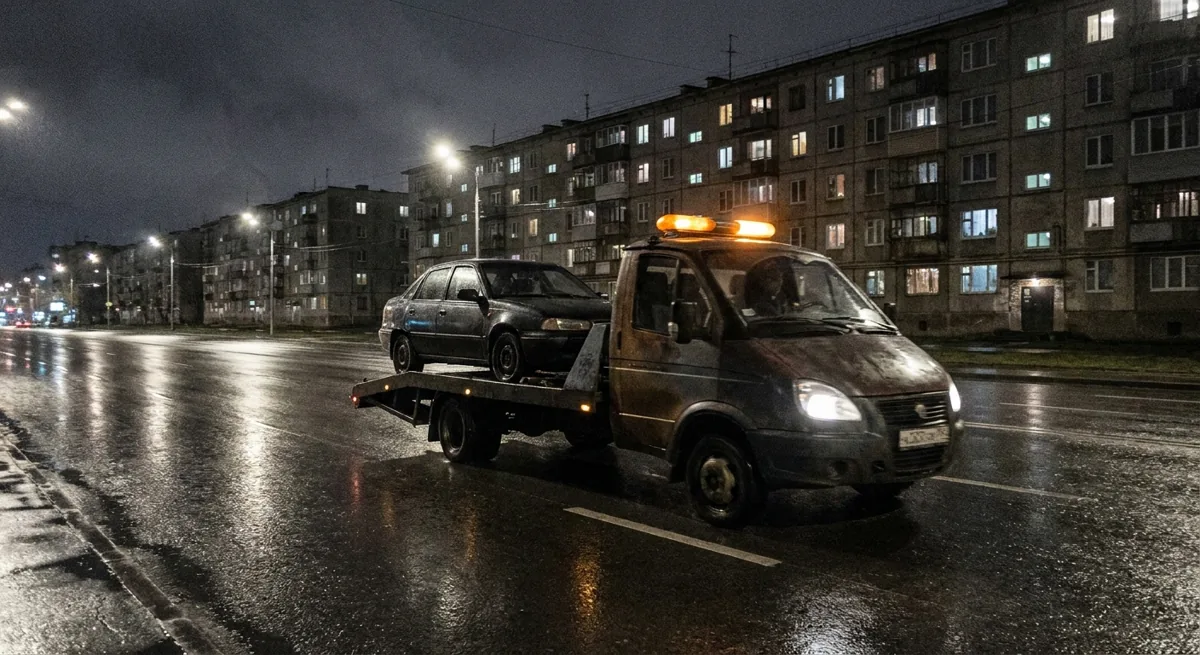 Эвакуатор везёт машину по ночной дороге после дождя